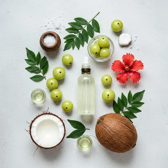A collection of fresh, botanical ingredients like coconut oil, amla, and hibiscus leaves, symbolizing safe and natural hair oil alternatives.