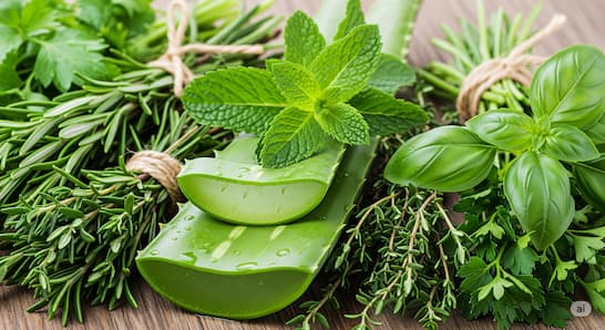 A collection of fresh, green botanical ingredients like aloe vera, mint leaves, and various herbs, symbolizing natural shampoo alternatives.