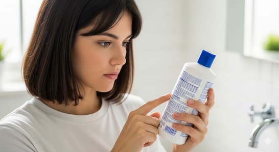 A person reading the back label of a shampoo bottle, checking ingredients carefully.